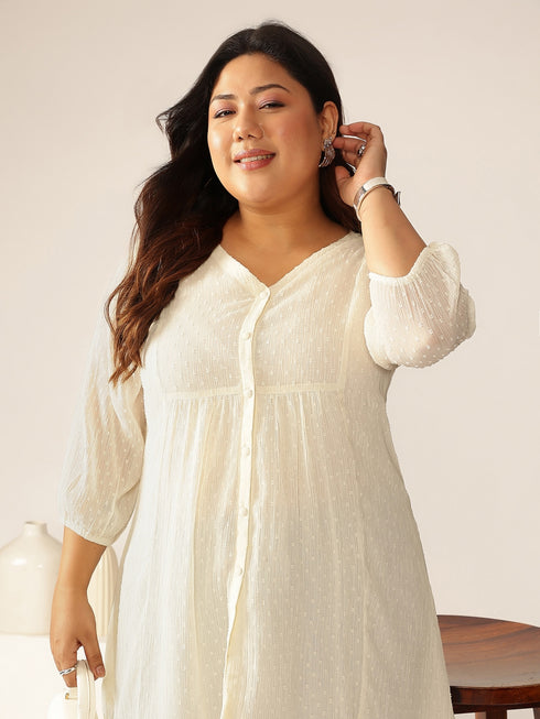 Plus Size Off White Dobby Chiffon Self Design A-line Tunic
