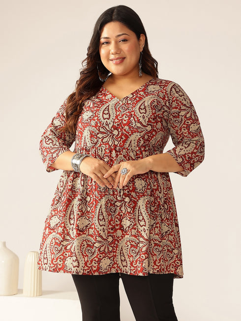 Plus Size Maroon Pure Cotton Paisley Printed Peplum Tunic