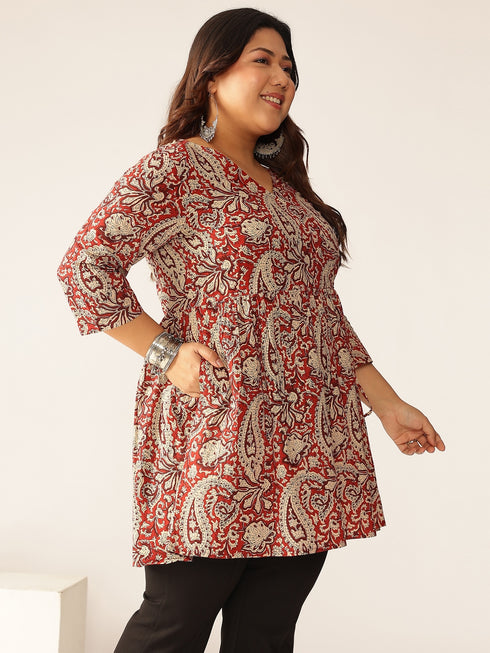 Plus Size Maroon Pure Cotton Paisley Printed Peplum Tunic