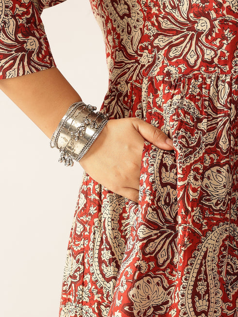 Plus Size Maroon Pure Cotton Paisley Printed Peplum Tunic