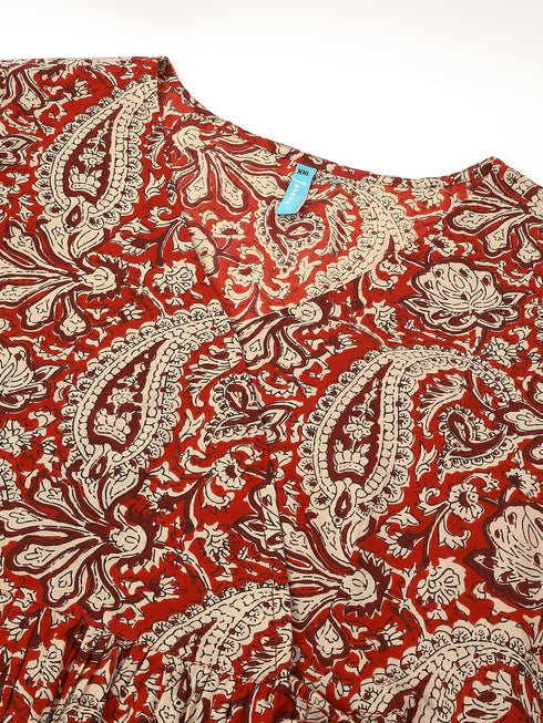 Plus Size Maroon Pure Cotton Paisley Printed Peplum Tunic