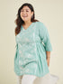 Janasya Women's Plus Size Light Pure Blue Cotton Embroidered A-line Tunic
