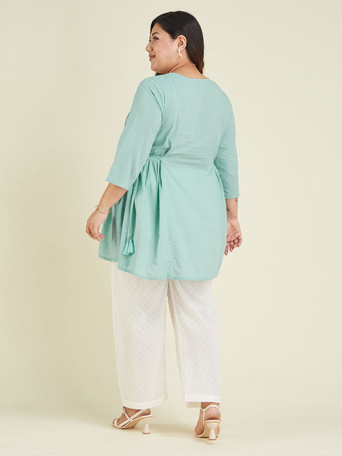 Janasya Women's Plus Size Light Pure Blue Cotton Embroidered A-line Tunic