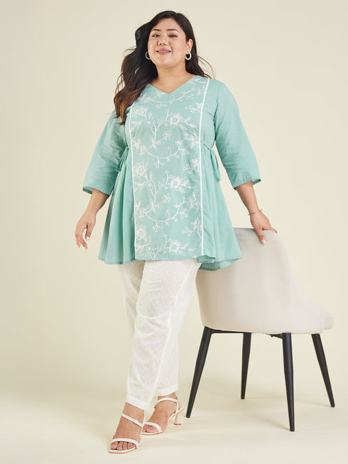 Janasya Women's Plus Size Light Pure Blue Cotton Embroidered A-line Tunic