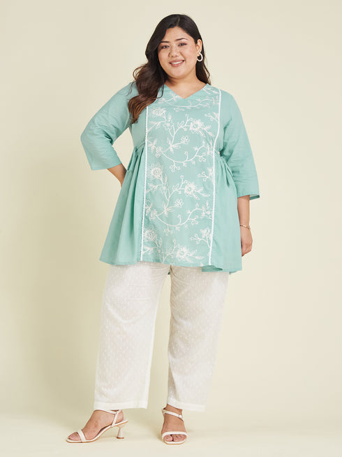 Janasya Women's Plus Size Light Pure Blue Cotton Embroidered A-line Tunic