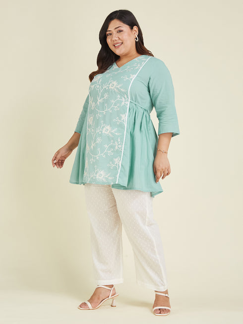 Janasya Women's Plus Size Light Pure Blue Cotton Embroidered A-line Tunic