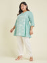 Janasya Women's Plus Size Light Pure Blue Cotton Embroidered A-line Tunic
