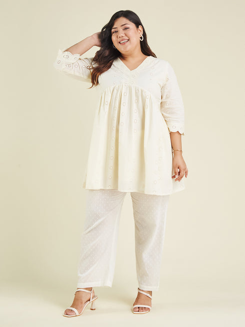 Janasya Women's Plus Size Off White Pure Cotton Schiffli A-line Tunic