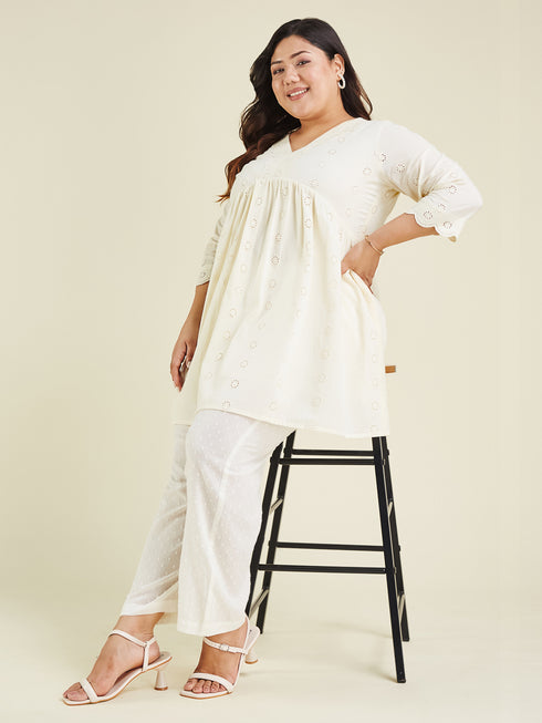 Janasya Women's Plus Size Off White Pure Cotton Schiffli A-line Tunic