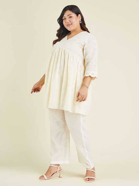 Janasya Women's Plus Size Off White Pure Cotton Schiffli A-line Tunic
