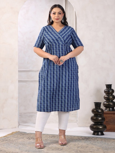 Plus Size Indigo Pure Cotton Floral Printed Straight Kurta