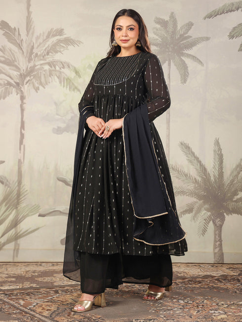 Plus Size Black Georgette Foil Printed Anarkali Kurta Set
