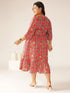 Plus Size Pink Pure Cotton Floral Printed Flared Dress
