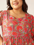 Plus Size Pink Pure Cotton Floral Printed Flared Dress