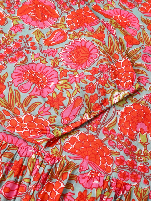 Plus Size Pink Pure Cotton Floral Printed Flared Dress