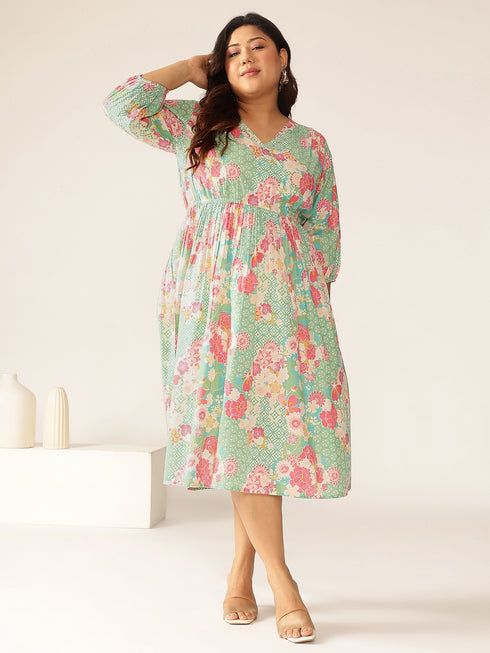 Plus Size Sage Pure Cotton Floral Printed A-line Dress