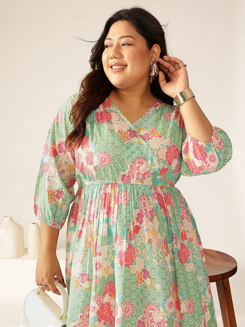 Plus Size Sage Pure Cotton Floral Printed A-line Dress