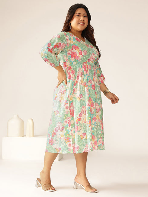 Plus Size Sage Pure Cotton Floral Printed A-line Dress