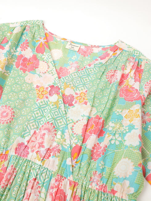 Plus Size Sage Pure Cotton Floral Printed A-line Dress