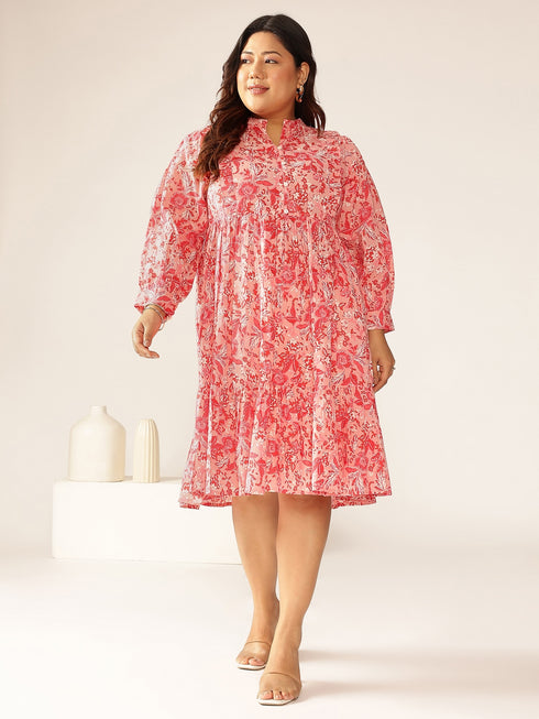 Plus Size Pink Pure Cotton Floral Printed Tiered Dress