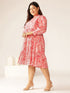 Plus Size Pink Pure Cotton Floral Printed Tiered Dress