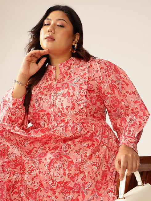Plus Size Pink Pure Cotton Floral Printed Tiered Dress