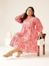 Plus Size Pink Pure Cotton Floral Printed Tiered Dress