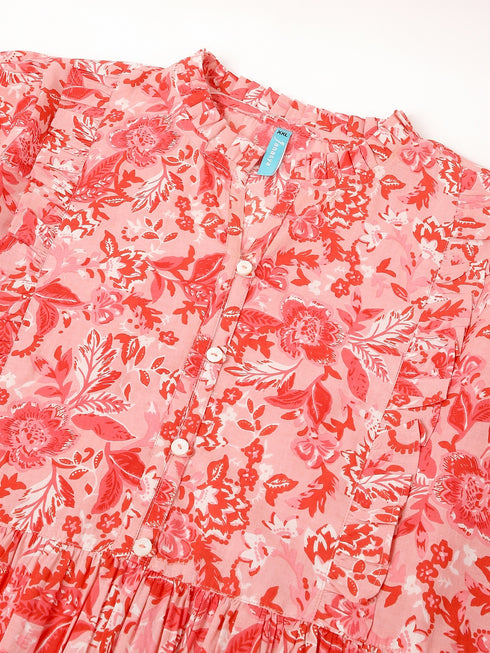 Plus Size Pink Pure Cotton Floral Printed Tiered Dress