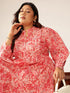 Plus Size Pink Pure Cotton Floral Printed Tiered Dress