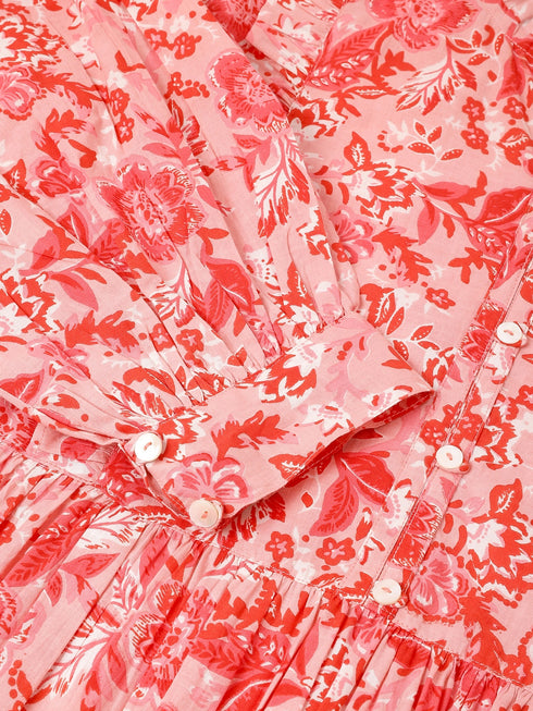 Plus Size Pink Pure Cotton Floral Printed Tiered Dress
