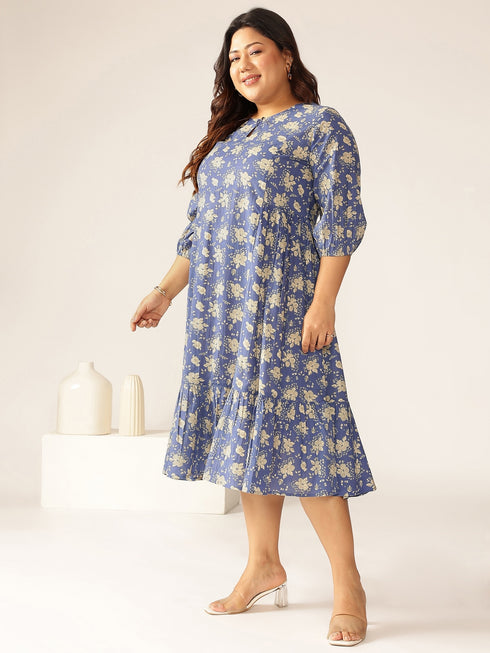 Plus Size Blue Pure Cotton Floral Printed Fit & Flare Dress
