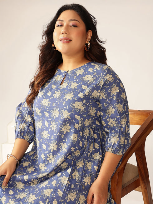 Plus Size Blue Pure Cotton Floral Printed Fit & Flare Dress
