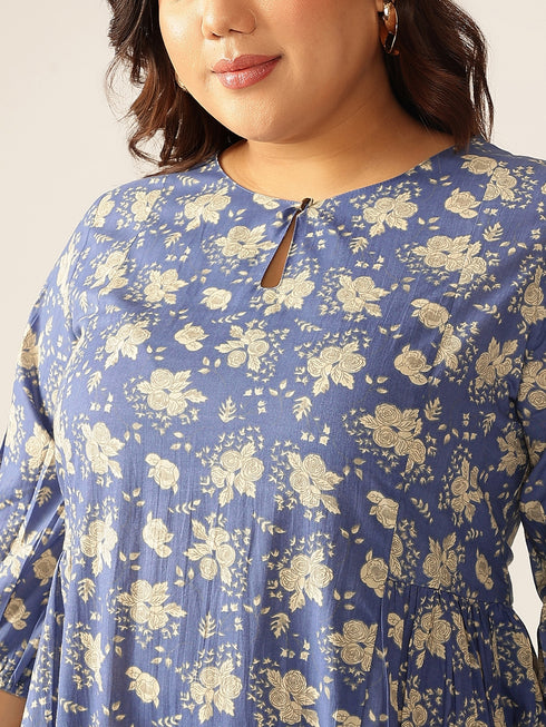 Plus Size Blue Pure Cotton Floral Printed Fit & Flare Dress