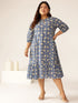 Plus Size Blue Pure Cotton Floral Printed Fit & Flare Dress