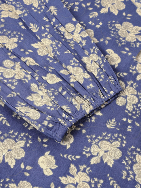 Plus Size Blue Pure Cotton Floral Printed Fit & Flare Dress