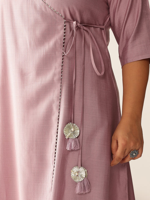 Plus Size Lavender Silk Blend Solid Angrakha Kurta Set