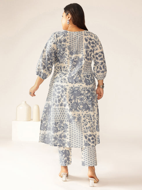 Plus Size Off White Pure Cotton Floral Printed A-line Kurta Set