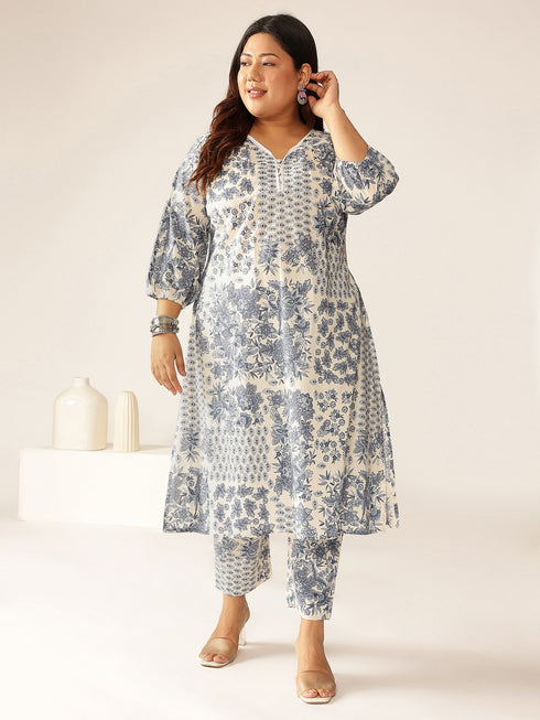 Plus Size Off White Pure Cotton Floral Printed A-line Kurta Set