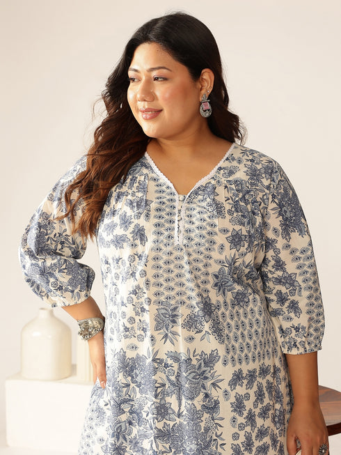 Plus Size Off White Pure Cotton Floral Printed A-line Kurta Set