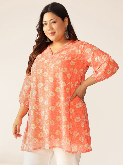 Plus Size Peach Georgette Floral Printed A-line Tunic