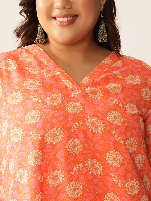 Plus Size Peach Georgette Floral Printed A-line Tunic