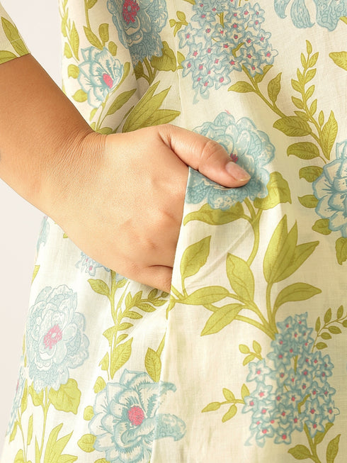 Plus Size Off White Pure Cotton Floral Printed A-line Tunic