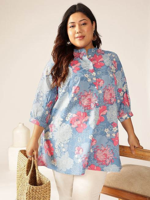 Plus Size Blue Pure Cotton Floral Printed A-line Tunic