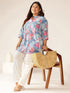 Plus Size Blue Pure Cotton Floral Printed A-line Tunic