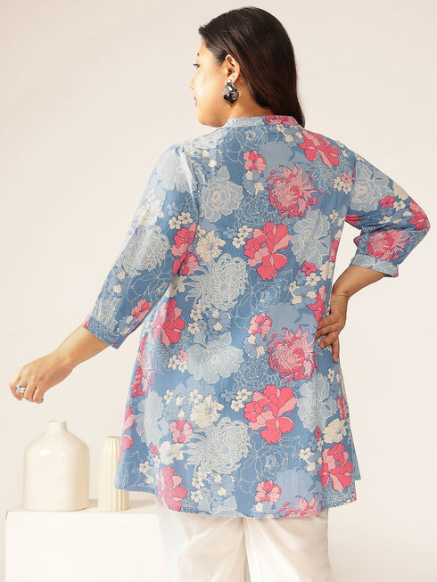 Plus Size Blue Pure Cotton Floral Printed A-line Tunic
