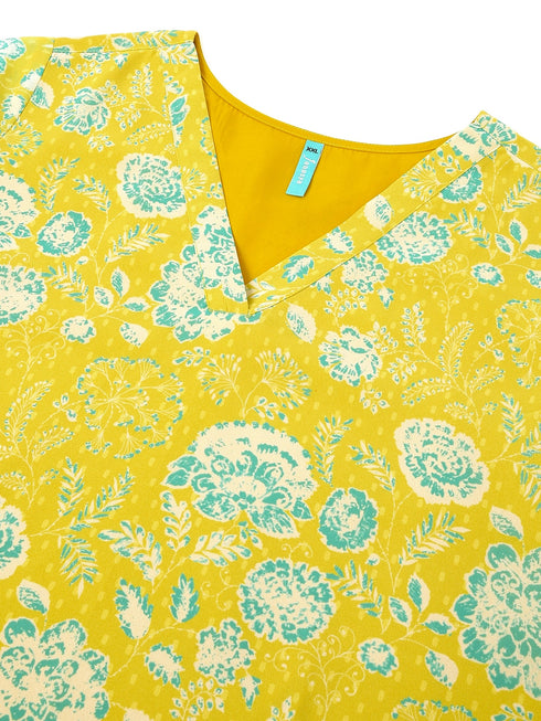 Plus Size Lime Yellow Georgette Floral Printed A-line Tunic