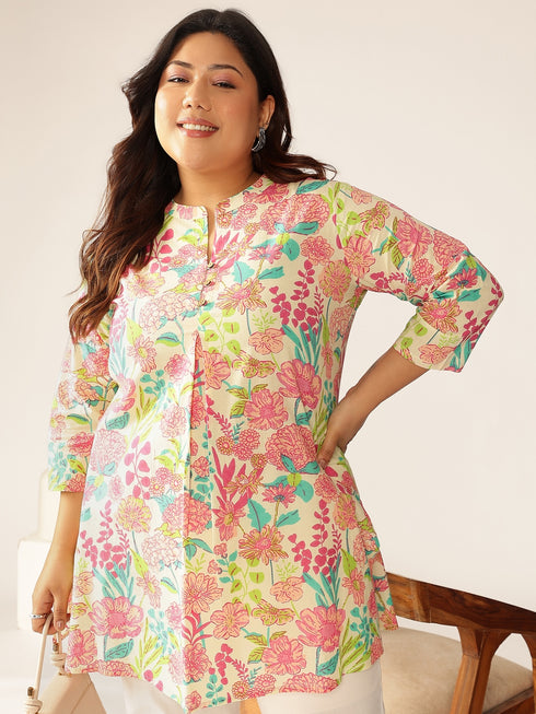 Plus Size Cream Pure Cotton Floral Printed A-line Tunic