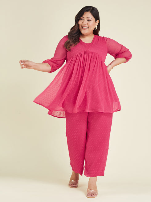 Janasya Women's Plus Size Pink Dobby Chiffon Self Design A-line Co-ord Set