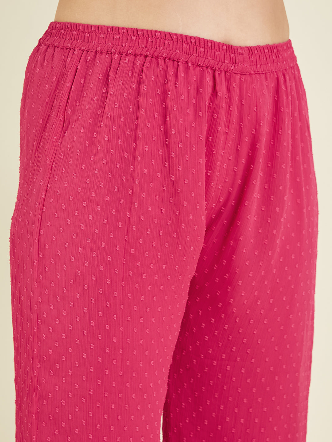 Janasya Women's Plus Size Pink Dobby Chiffon Self Design A-line Co-ord Set