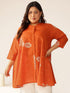 Plus Size Orange Pure Cotton Floral Printed A-line Tunic